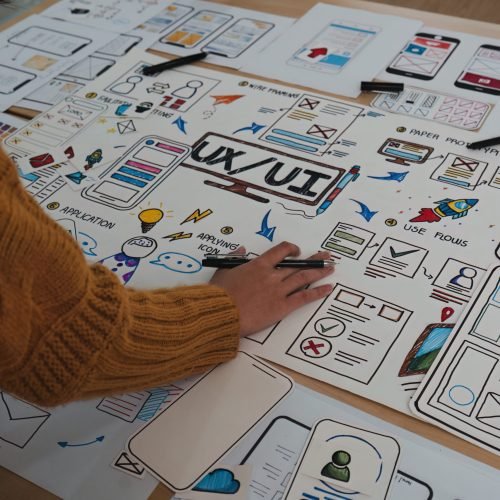 Close up of developer and ui designer brainstorming interface wireframe design.Creative digital development agency.